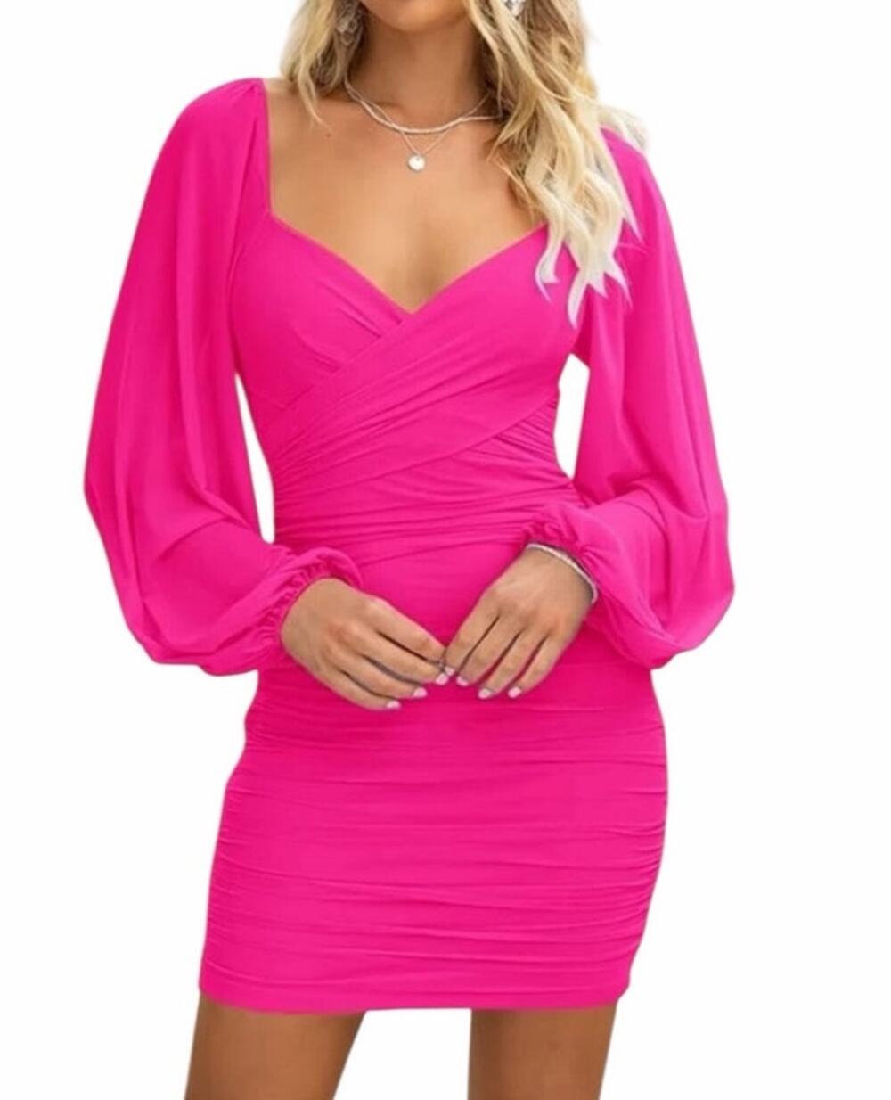 BTFBM Women's Small Bright Pink Sexy Ruched Long Sleeve Bodycon Mini Dress